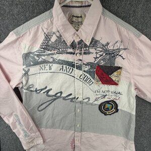 Desigual Slim Fit Pink 2XL Button Up Shirt Men Barcelona Graphic Embroidered
